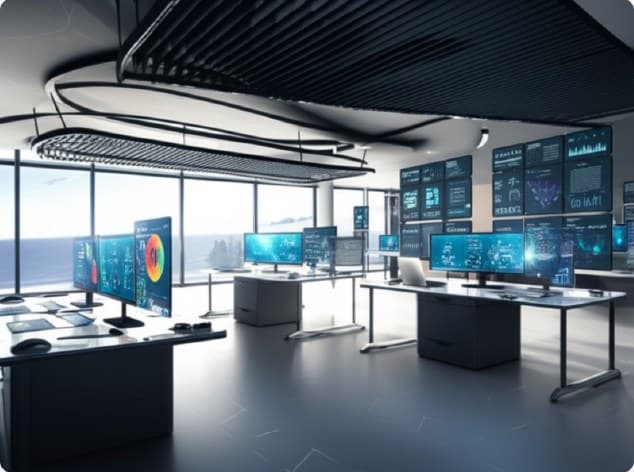 A futuristic workspace with data screens