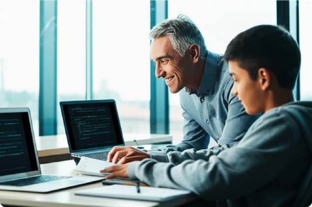 A mentor helping a teen write code